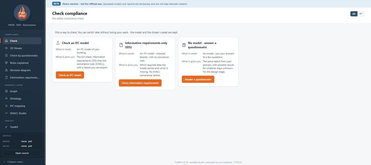 Screenshot of FireBIM – Compliance (VN2R · ISEP · Exactusensu)